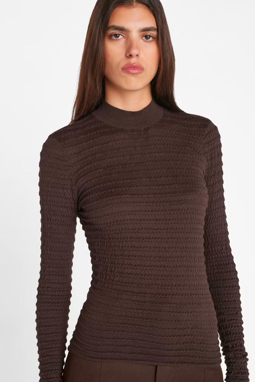 SMOCKED MOCKNECK SWEATER