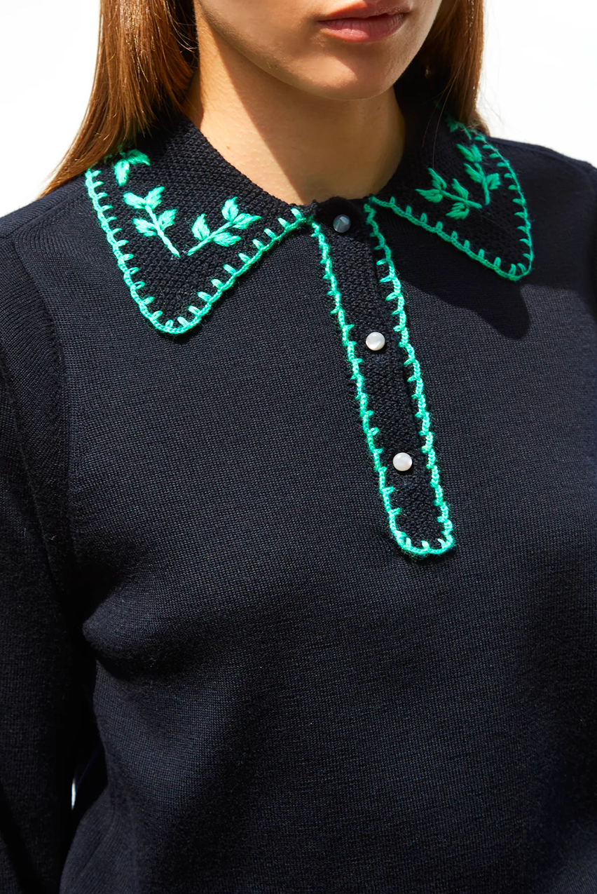 HAND EMBROIDERED KNIT POLO TOP