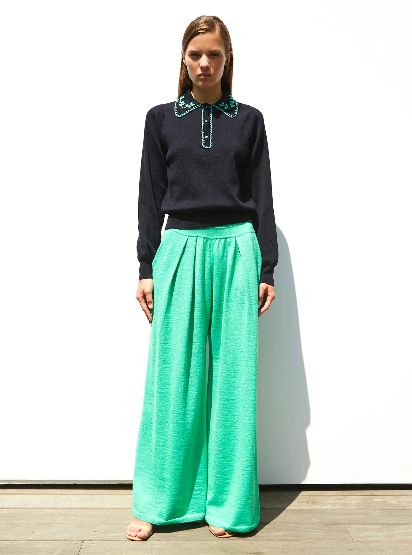 HAND EMBROIDERED KNIT POLO TOP