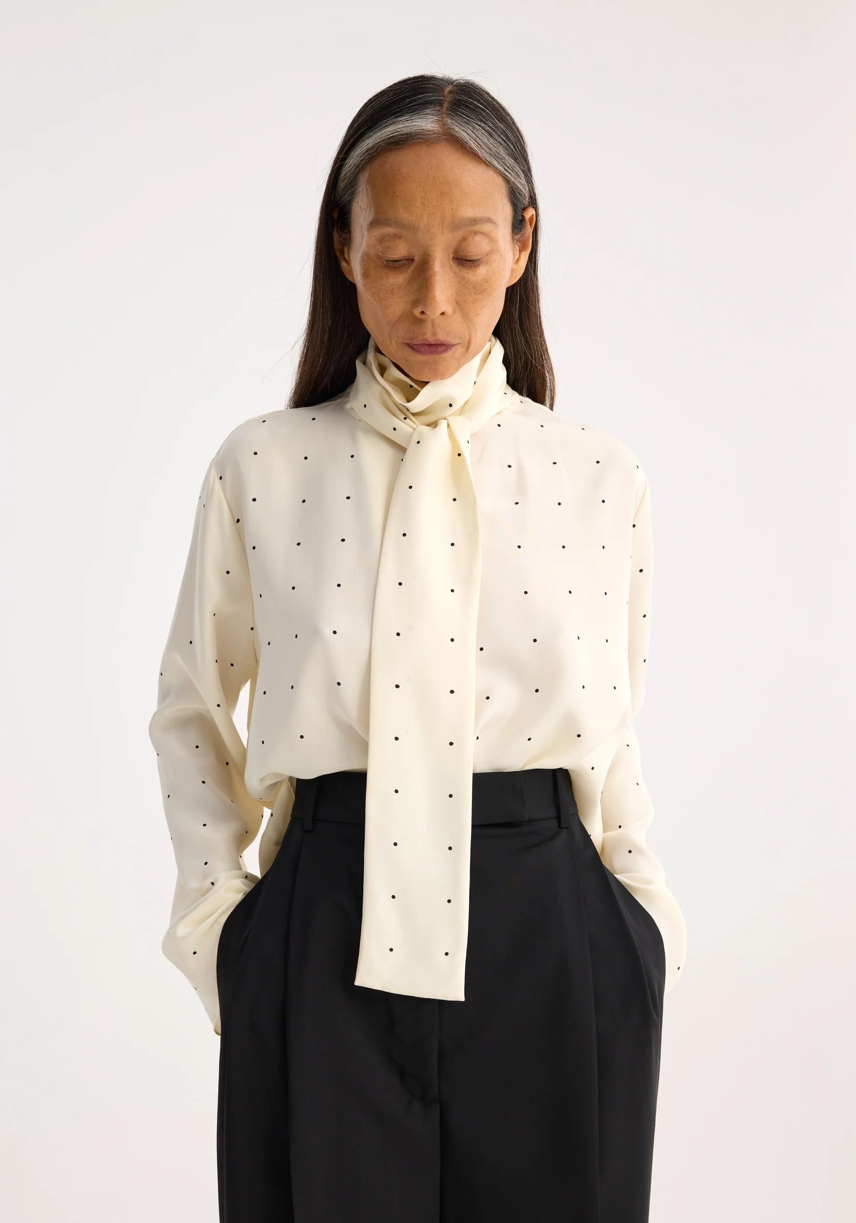 DOTTED SILK TOP WITH SASH